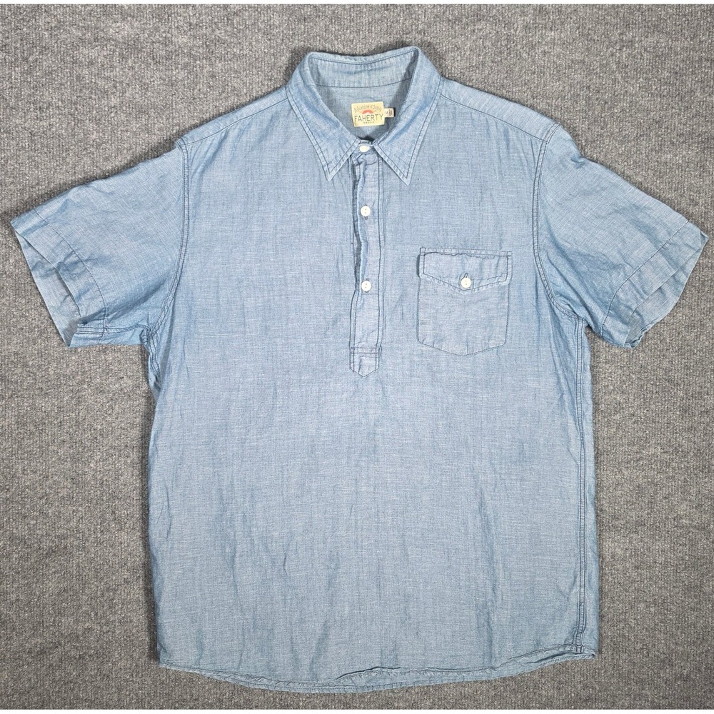 Faherty Brand Mens M Blue Linen Cotton Indigo Dyed Short Sleeve Popover Shirt